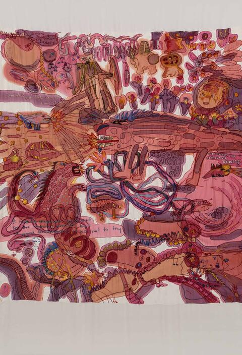 Anna Torma, Bagatelle 6, 2011, broderie à la main, soie sur soie, 206 cm x 140 cm, Photographie © Guy L'Heureux Anna Torma, Bagatelle 6, 2011