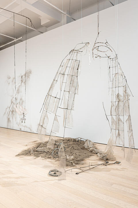 <i>Phasmids</i> (installation view), 2022-2023, steel, beeswax, encaustic pigments, tulle, transparent vinyl, thread, and wood ash, variable dimensions photo credit: Alexis Bellavance
Jannick Deslauriers, Phasmids (installation view), 2022-2023, photo Alexis Bellavance
