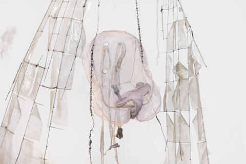 Jannick Deslauriers, Phasmids (installation view), 2022-2023, photo Béatrice Flynn <i>Phasmids</i> (installation view), 2022-2023, steel, beeswax, encaustic pigments, tulle, transparent vinyl, thread, and wood ash, variable dimensions photo credit: Béatrice Flynn