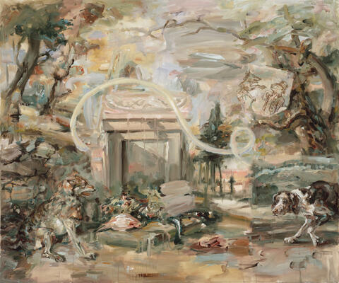 <em>The Dog and the Wolf 2</em>, 2021, Acrylic on canvas, 152 x 183 cm, Photo : Richard-Max Tremblay Carol Wainio, The Dog and the Wolf 2, 2021