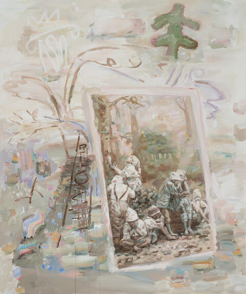 <em>Grimper</em>, 2022, Acrylic on canvas, 183 x 152 cm, Photo : Richard-Max Tremblay Carol Wainio, Grimper, 2022